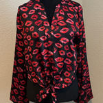 Bold Elements  Pink and Black Lip Print V-Neck Blouse Photo 0