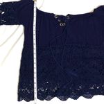 Navy Blue Lace Tassel Lace Up Off The Shoulder Top Small Photo 4