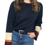 CLICHÉ Navy Wool Blend Sweater Small | Trendy Pleated Bell Sleeve Pullover Blue Photo 0
