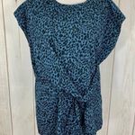 Como vintage Blue Leopard Print Top Short Sleeve Tie Waist Blouse Photo 2