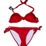 Vibrant Red Halter Bikini with Adjustable Ties Size L Photo 0