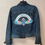 Free People  Women Size Large Blue‎ Denim Jacket with Patch Photo 2