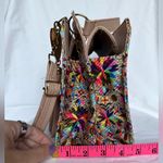 Boutique Artisanal Wood and Leather Colorful Mosaic Needlepoint Crossbody Purse Photo 9