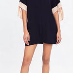 ZARA Navy Blue Flowy Mini Shift Dress w/ Contrating Nude Pink Bows Size Medium Photo 0