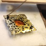 Antique Victorian Brass Filigree Brooch Yellow Orange Amber Colored Glass Photo 14