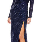 Mac Duggal  Ieena Long Sleeve Sequined Gown‎ in Midnight Blue- NWT Photo 0