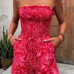 Women's Floral Print Frill Trim Shirred Knot Detail Pocket Sleeveless Romper Sm Pink Photo 0