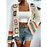 Retro Crochet Open Front Long Sleeve Boho Cardigan Beige M (06) Size 6 Photo 2