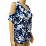 Venus  Blue Tie Dye Rayon Blend V Neck Cold Shoulder Short Sleeve Top Womens M Photo 2