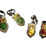 Vintage Owl Clip On Earrings Abalone Shell Yellow Set Photo 2