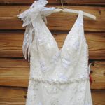 Mac Duggal 79337 Womens White FLORAL EMBELLISHED V-NECK MIDI DRESS SHOULDER BOW Photo 6