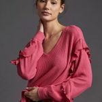 Pilcro  v neck waffle knit ruffled raspberry pink top slouchy Medium Photo 0