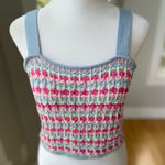 Lulus Blue Pink White Striped Crochet Knit Lace Up Back Cropped Tank Top Medium Photo 0