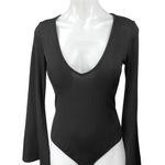 Free People Black Ribbed Scoop Neck Long Bell Sleeve Thong Bodysuit Top Size S Photo 0