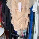 Oh Polly  Tie Shoulder Mesh Ruched Mini Dress in Sand Photo 4