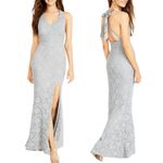 City Studios New City Studio Glitter Lace Satin Bow Back High Slit Maxi Dress Grey Size 5 Photo 2
