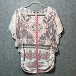 Espresso Paisley Flutter Sleeve Ruched Tunic Top Sheer Overlay Pink Beige L Size L Photo 3