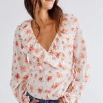 Free People MEDIUM Amanda Ruffle Floral Top Wrap Blouse Boho Ivory Photo 11