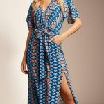 HAPTICS Navy Boho Print Surplice Sash Belt Midi Dress Short Sleeve New Blue Photo 0