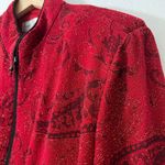 Y2K Draper's & Damon's Zip Up Knit Jacket Red Metallic Floral Paisley LARGE USA Photo 3