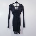 Cinq a Sept Black Ruched Mesh Mini Bodycon Dress Long Sleeves Plunging Neckline Size 2 Photo 3
