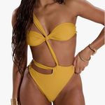 WDIRARA One Piece Cheeky Swimsuit Twist Front Asymmetrical Monokini Yellow Large Photo 0