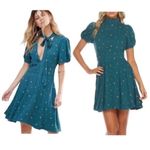 Free People NWT Abbie Tie Neck Puff Sleeve Reversible Mini Dress in Green Combo Photo 1
