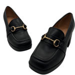 Nine West Womens Black Leather Horsebit Platform Block Heel Loafers Shoes 8M Photo 0