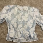 Topshop  Shirt Womens 8 Textured Baby Blue Floral Puff Sleeve Semi Sheer Blouse Photo 5