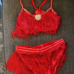 Red velvet rhinestoned fringe 2 piece outfit / dance costume Photo 0