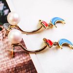 Red Lips Moon Pearl Stud Drop Earrings Gold Photo 3