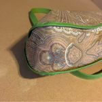 ETRO GREEN FAUX LEATHER TRIM W/TAN & GRAY COTTON PAISLEY PRINT BODY SATCHEL BAG Photo 9