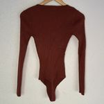 Abercrombie & Fitch A&F Ribbed Dark Brown Bodysuit Square Neck Thong Neutral Minimalist Long Sleeve Photo 4