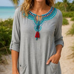 Soft Surroundings  Top Gray Aztec Embroidered Pockets Boho Pullover Size Small Photo 0