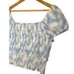 Lush Clothing New Lush Womens Size XL Cropped Top Smocked Cap Puff Sleeve White Blue Swirl Photo 8