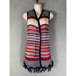 Red White Blue‎ Boho Striped Knit Fringe Vest Women’s M Open Front Layering Size M Photo 1