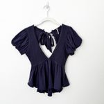 Free People [] Blue Charlotte V-Neck Smocked Open Back Top Puff Sleeves Sz Small Photo 2