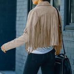 NWT Cropped Soft Faux Western Fringe Suede Open Style Lined Jacket Coat M Cream Size M Photo 4