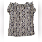 CAbi Women's Cream Blue Damask Flutter Short Sleeve Blouse Small #3074 Photo 3