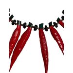 Wood Red Hot Chili Pepper Statement Necklace & Dangle Earrings Jewelry Set Vtg Photo 3
