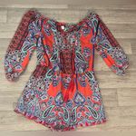 Venus  large paisley printed tassel off shoulder romper peach coral blue Photo 0