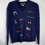 Andreno Argenti XL City Embroidered V Neck Sweater London Paris Zurich Blue Photo 0