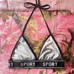 y2k halter crop sports bra black and white graphics Photo 3