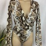 Animal Print Brown Long Sleeve Deep Plunge Bodysuit S Photo 0