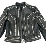 Genuine Leather Studded Crop Jacket Coat Blazer Cardigan Parka Slim Fit Rhinestones Black Size M Photo 8