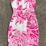 Lilly Pulitzer  Pink White Strapless Silk Blend Sheath Dress Brocade Jacquard 6 Photo 0