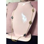 Gold Tone Blue Quartz Druzy Textured Disc Charms Necklace Long Layering Chain Photo 1