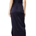 SID NEIGUM Women's Navy Blue Satin Draped Plunge Sleeveless Gown Size 6 Photo 1