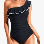 Tempt Me  Women’s Black One Piece Swimsuit Tummy Control 1 Shoulder Ruffle M NWT Photo 0