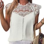 CBR White Crochet Lace Trim Splicing Casual Blouse Photo 0